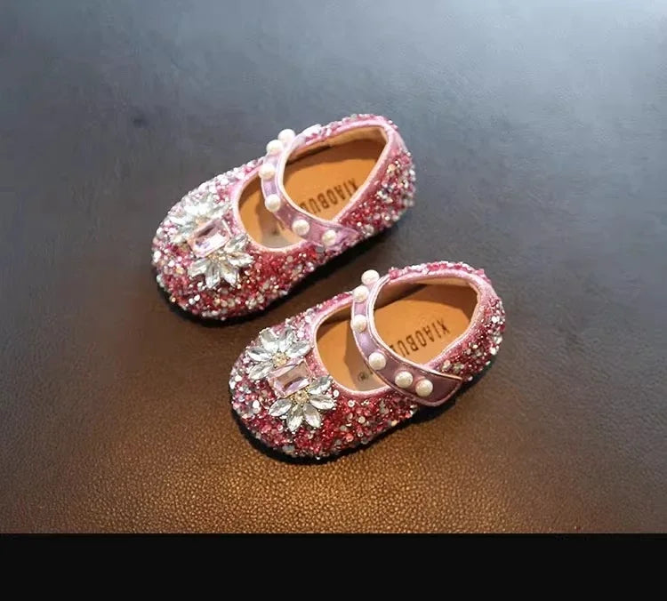 Toddler Kids Princess Shoes Shiny Crystal Girls Flats Sweet Glitter 2025 New Fashion Baby Walking Shoes Soft Bottom Non-slip