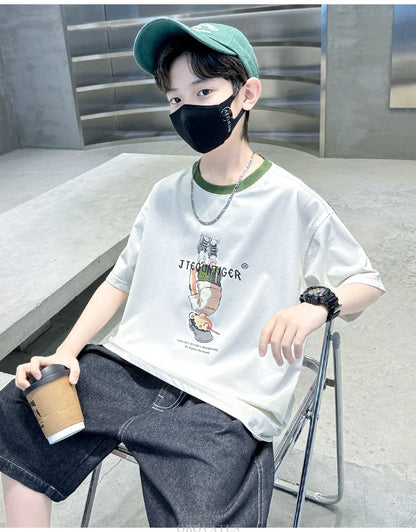Summer Tees Tops for Teen Boy Cotton T-Shirt New Short Sleeve Fashion Cartoon Tshirts for Children Korea Kids Luxury Clothes