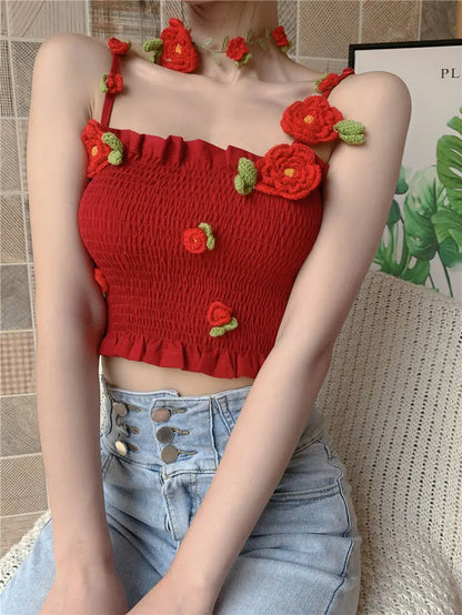 Camis Women 3D Decoration Patchwork Crop Top Slim Design Retro Classic Sexy Basic Korean Style Ulzzang Ins Holiday College Young