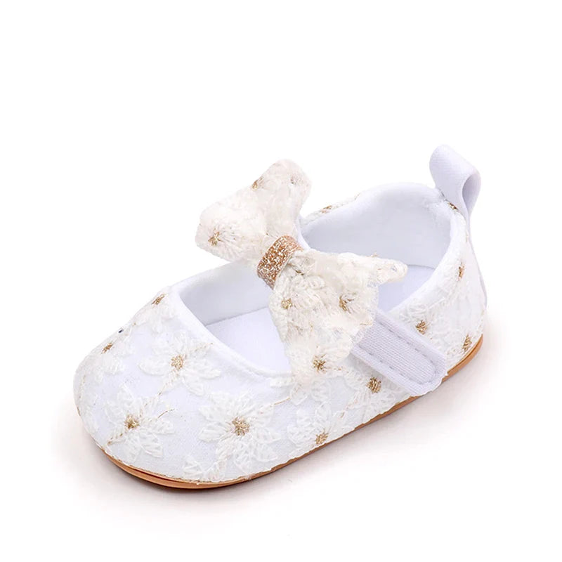 Newborn Baby Girls Mary Jane Flats Cute Bowknot Wedding Dress Shoes Non-Slip First Walkers Embroidery Flower Soft Shoes