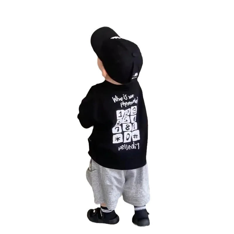 Boys' Short Sleeved Pure Cotton Base Shirt Loose Breathable Handsome Letter Button Stylish