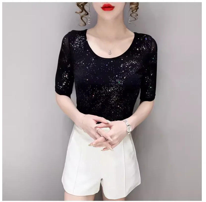 Summer Lady Mesh Tops Round Neck Short sleeved Bright Silk Tees Korean Fashion Black T shirt Women