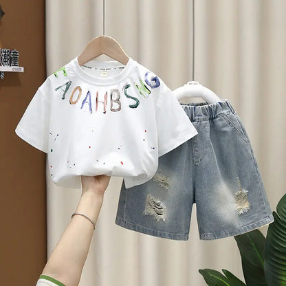 Korean Boys Summer Children's Top and Bottom 2PC Sets Short Sleeve T-Shirt & Denim Shorts Kids Clothes 1-7 Years Black Toddler