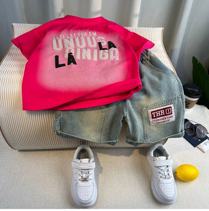 New Boys Fashion Summer Cotton Letter Printing T-shirts+Graffiti Denim Shorts 2pcs Set Kids Korean Outfits Sets Children Clothes