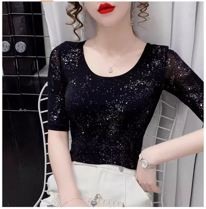 Summer Lady Mesh Tops Round Neck Short sleeved Bright Silk Tees Korean Fashion Black T shirt Women