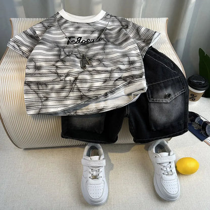 New Boys Fashion Summer Cotton Letter Printing T-shirts+Graffiti Denim Shorts 2pcs Set Kids Korean Outfits Sets Children Clothes