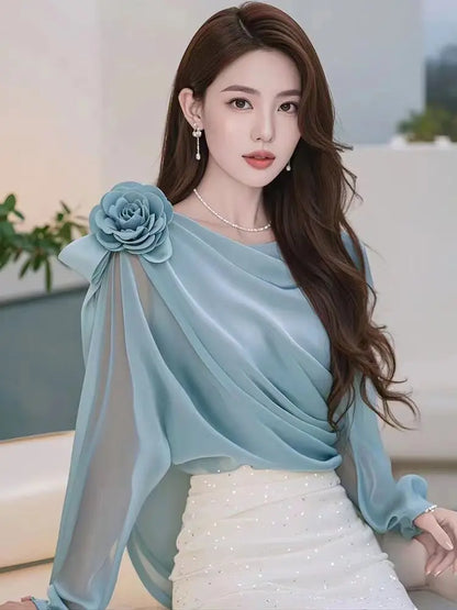 Spring Autumn New Solid Color Solid Color Long Sleeve Blouse Women High Street Casual Floral Patchwork Pullovers Elegant Tops