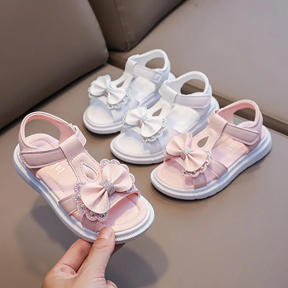 Adorable Elegant Girls Summer Casual Sandals Soft Soled Princess Style Kids Shoes Comfort Breath Anti Slip Magic Strap Closure