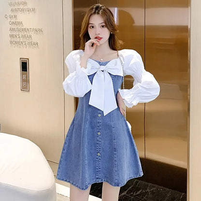 Jielur Korean Dress for Women Fashion Square Collar Puff Sleeve Sweet Bow Robe Femme Patchwork Tunic Denim Dress