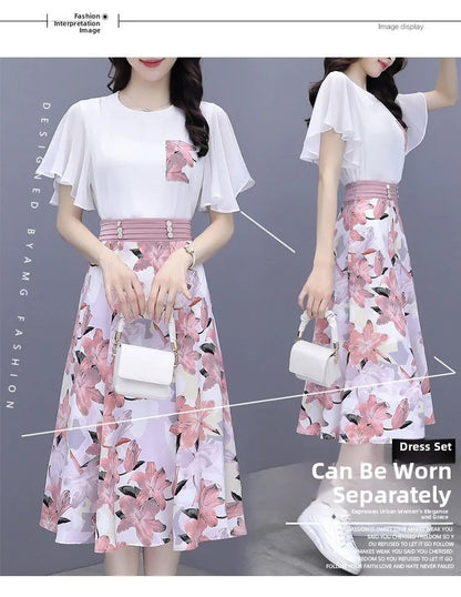 Floral Print Chiffon Dr Set Women's Summer Faion Slimming ular f-length Skirt Two-piece Set round Ne ort Sve