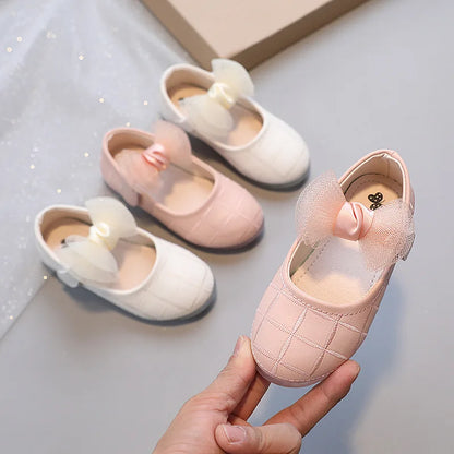 Korean Style Kids Solid Color Embroidered Leather Shoes Girls Big Bow Mesh Flower Princess Flat Dance Shoes