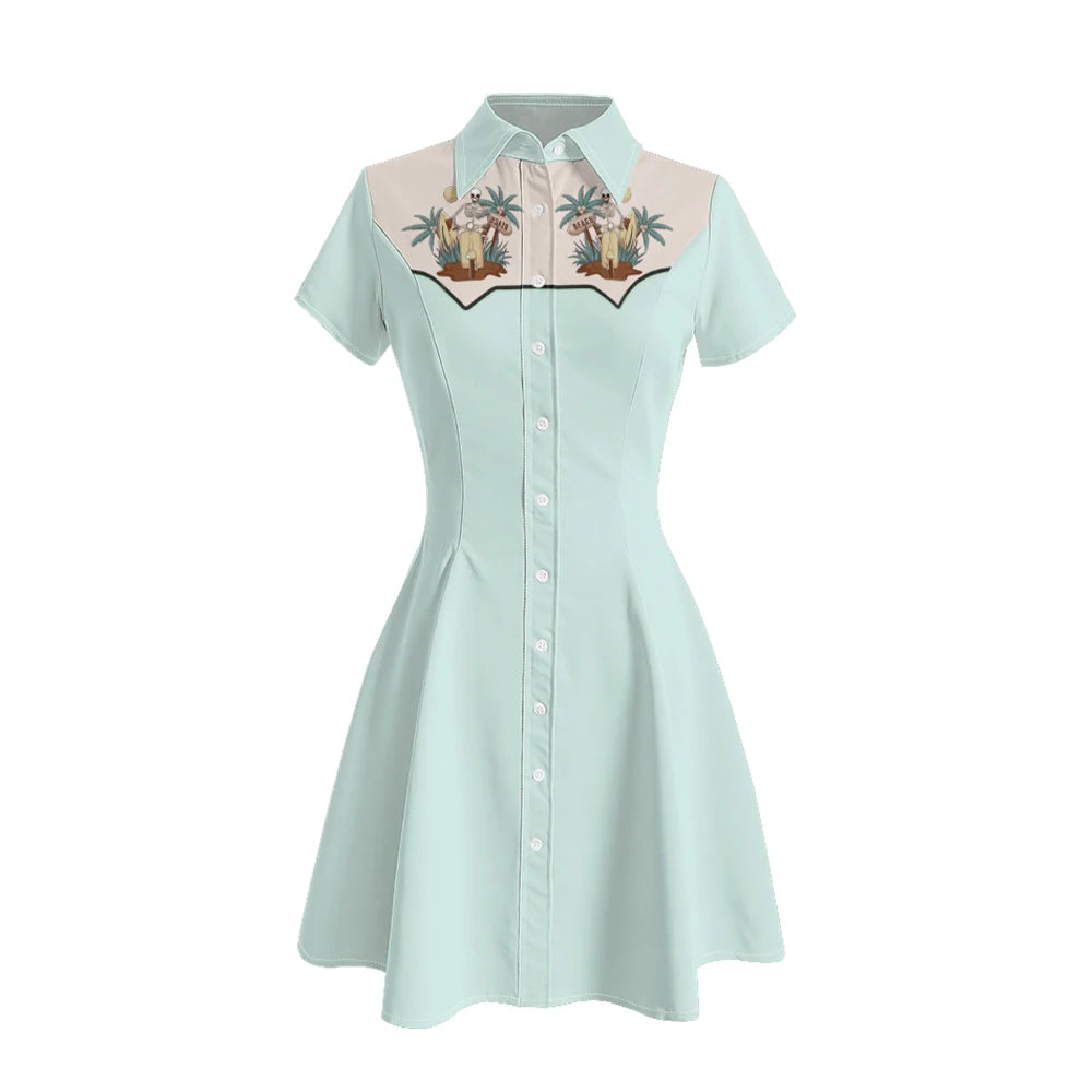 Women's Western Shirt Dress with Music Notes and Dolphin Print Cowboy Collar Button Up Pure Cotton Midi Dress Casual Boho Style