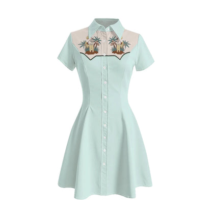Women's Western Shirt Dress with Music Notes and Dolphin Print Cowboy Collar Button Up Pure Cotton Midi Dress Casual Boho Style