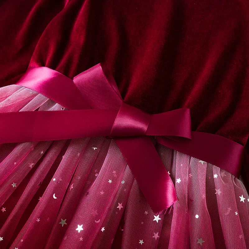 Girl Party Princess Dress Autumn Winter 3-8Y Children Christmas New Year Velvet Top Gradient Stars Mesh Bow Dress