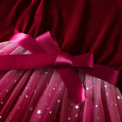 Girl Party Princess Dress Autumn Winter 3-8Y Children Christmas New Year Velvet Top Gradient Stars Mesh Bow Dress