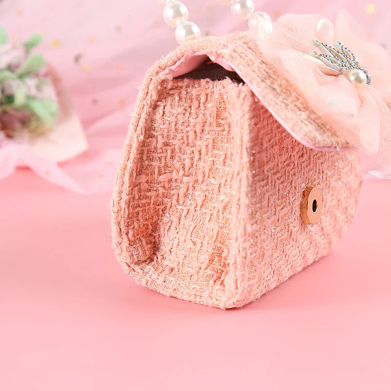 Pink Princess Crown Colorful Bow Children's Bag Fashion Hand-held Pearl Diagonal Girl Cross Body Shoulder Messenger Bags Purse
