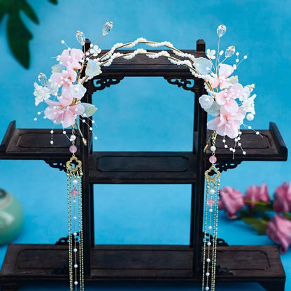 Flower Hanfu Tassel Hair Hoop Beads Crown Chinese Ancient Hairband Double-layer Alloy Swaying Fairy Headwear Hairstyle Tool
