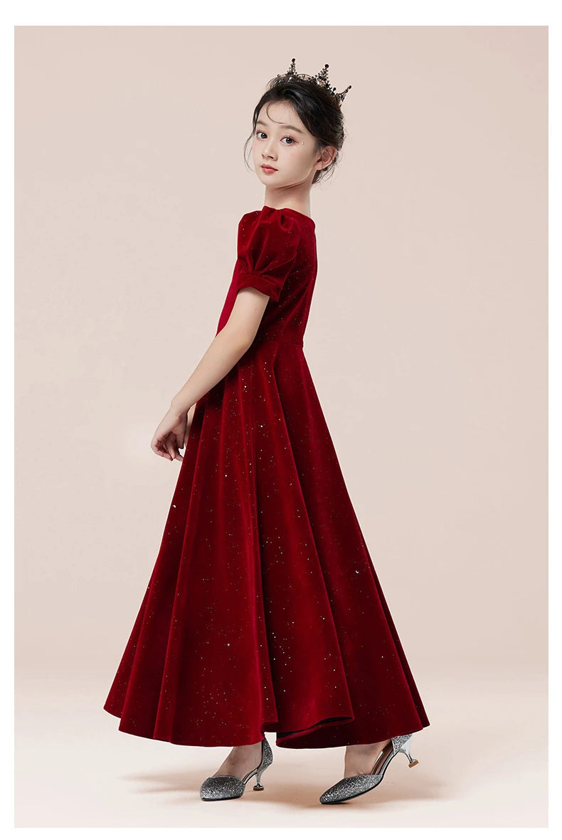 Kids Party Dress Clothing For Birthday Princess  Wine Red Piano Wedding Flower Girl 5-17 Years Old  Host Children's Formal Dress