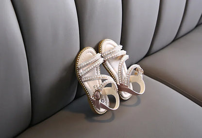 Summer Children's Sandals Korean Style Open-toe Kids Girls Causal Rhinestone Pearl Flats Sandals Fashion Princess Dress Shoes