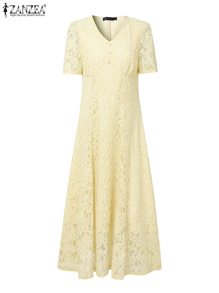 ZANZEA Women Summer Lace Patchwork Dresses 2026 Elegant Party Dress Stylish V Neck Short Sleeve Office Sundress A Line Midi Robe