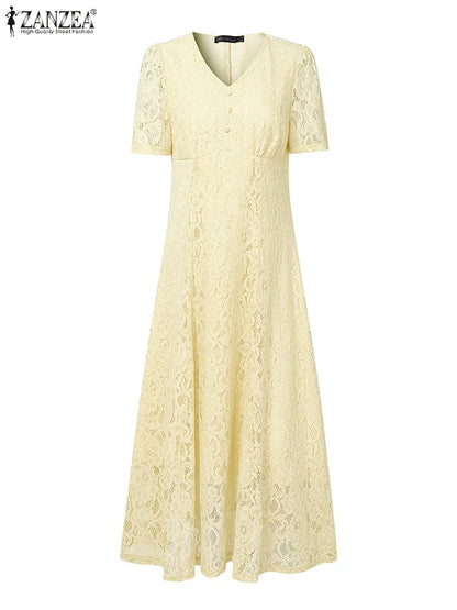 ZANZEA Women Summer Lace Patchwork Dresses 2026 Elegant Party Dress Stylish V Neck Short Sleeve Office Sundress A Line Midi Robe