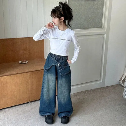 Autumn Trendy Korean Style Flared Jeans for Girls - Medium & Large Kids, Ruffled Long Pants for Junior High Students
