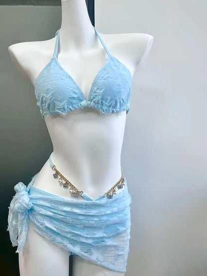 2026 New High Waist Fairy Sweet 4-Piece Women's Split Bikini Set Print Long Sleeve Swimwear Trendy Beach Vacation Fairy Swimsuit
