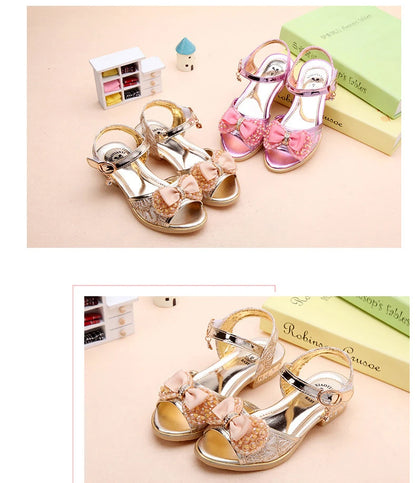 Summer Princess Children's Sandals Girls Sequins Low Heels Non-slip Shoes Fashion Bowknot Kids Beach Sandals Causal Versatile