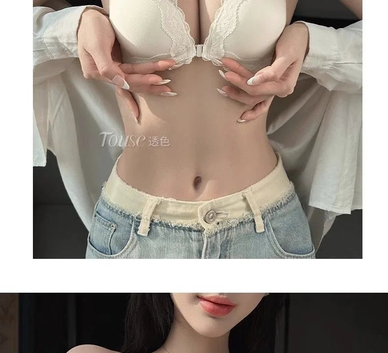 Front button underwear ladies small breasts gathered 2025 spring summer new sexy pure lace white beautiful back bra set