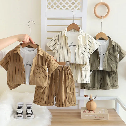 New Fashion Soft and Comfortable Children's Coffee Vertical Stripe Shirt Shorts Three-piece Set Kids Clothes Boys