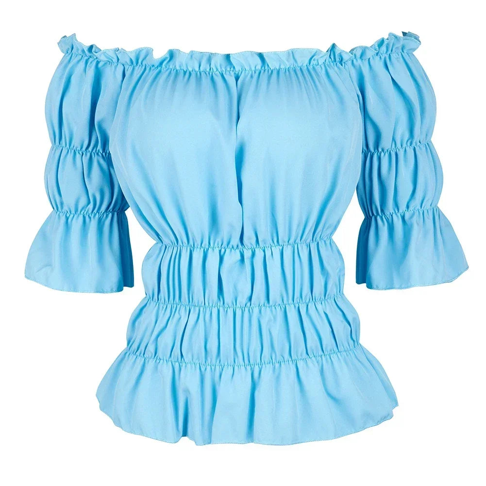 Women Renaissance Peasant Blouse Peplum Top Ruffle Sleeve Off-Shoulder Shirts 3/4 Sleeve Elastic Waist