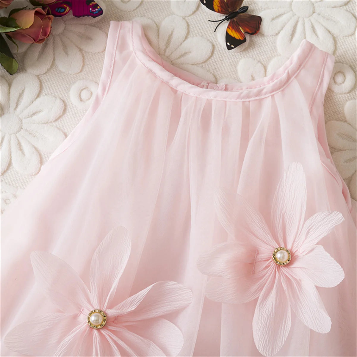 Girl Party Dress Summer New Sleeveless Solid Color Baby Girl Clothing Mesh Pleated Edges 3d Flowers Girl Costume