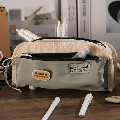 Outdoor Style Pencil Bag Pen Case Hitting Color Canvas 3 Layer Pocket Storage Pouch for Stationery School