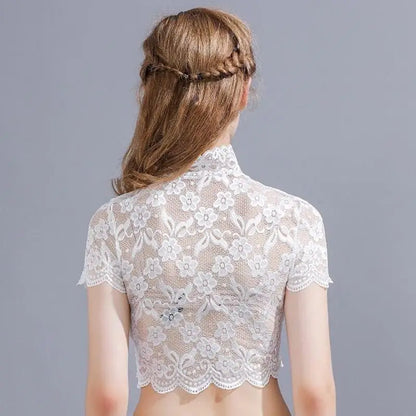 T5UF Women Turtleneck Detachable Collar Elegant Floral Lace Short Sleeve Half Blouse Shirt Pullover Lining Dickey Crop Top