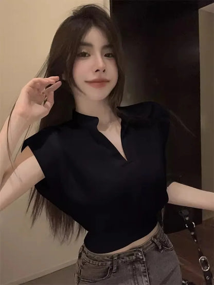 White V-Ne Slim Fit ort Sve T-irt Women's Summer New Sle Small Size Loose Faion Top Korean Sle Commute Wind