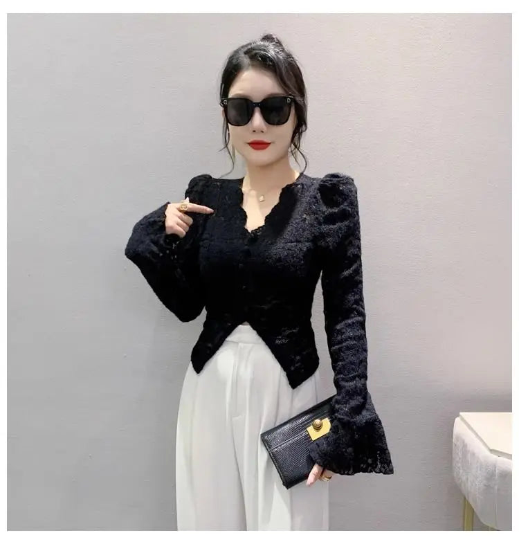 Spring Summer Lace T-shirt Slim Women V-neck Long Sleeve Shirt Button Irregular Short Tops Puff Sleeves Vintage Chic Design Tees