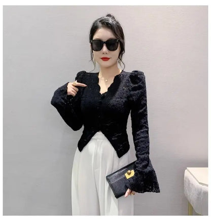 Spring Summer Lace T-shirt Slim Women V-neck Long Sleeve Shirt Button Irregular Short Tops Puff Sleeves Vintage Chic Design Tees