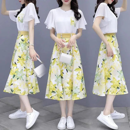 Floral Print Chiffon Dr Set Women's Summer Faion Slimming ular f-length Skirt Two-piece Set round Ne ort Sve