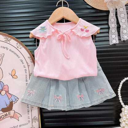 Children's Clothing Sets Cartoon Embroidered Lapel Sleeveless Top + Bow Embroidered Denim Skirt 2pcs Baby Girl Outfit Set