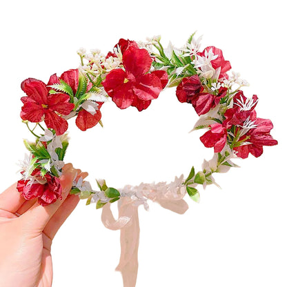 Boho Women's Flower Crown Forest Elf Fairy Floral Hair Hoop Handmade Simulation Ribbon Flower Headband Exquisite Hair Accessory