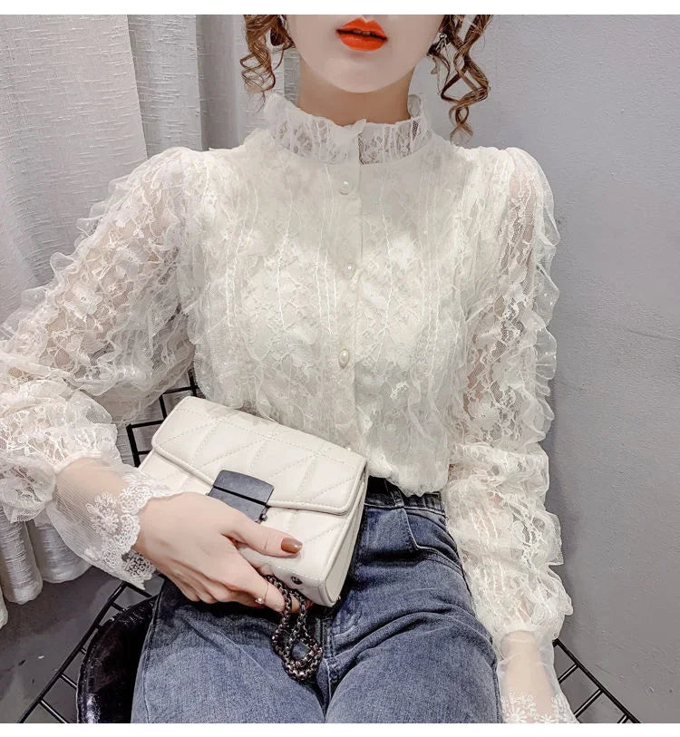 Blouse Women Shirt Lace Long Sleeve Women's Clothing Spring Lantern Sleeve Stand Collar Cardigan Top Blusas Mujer De Moda