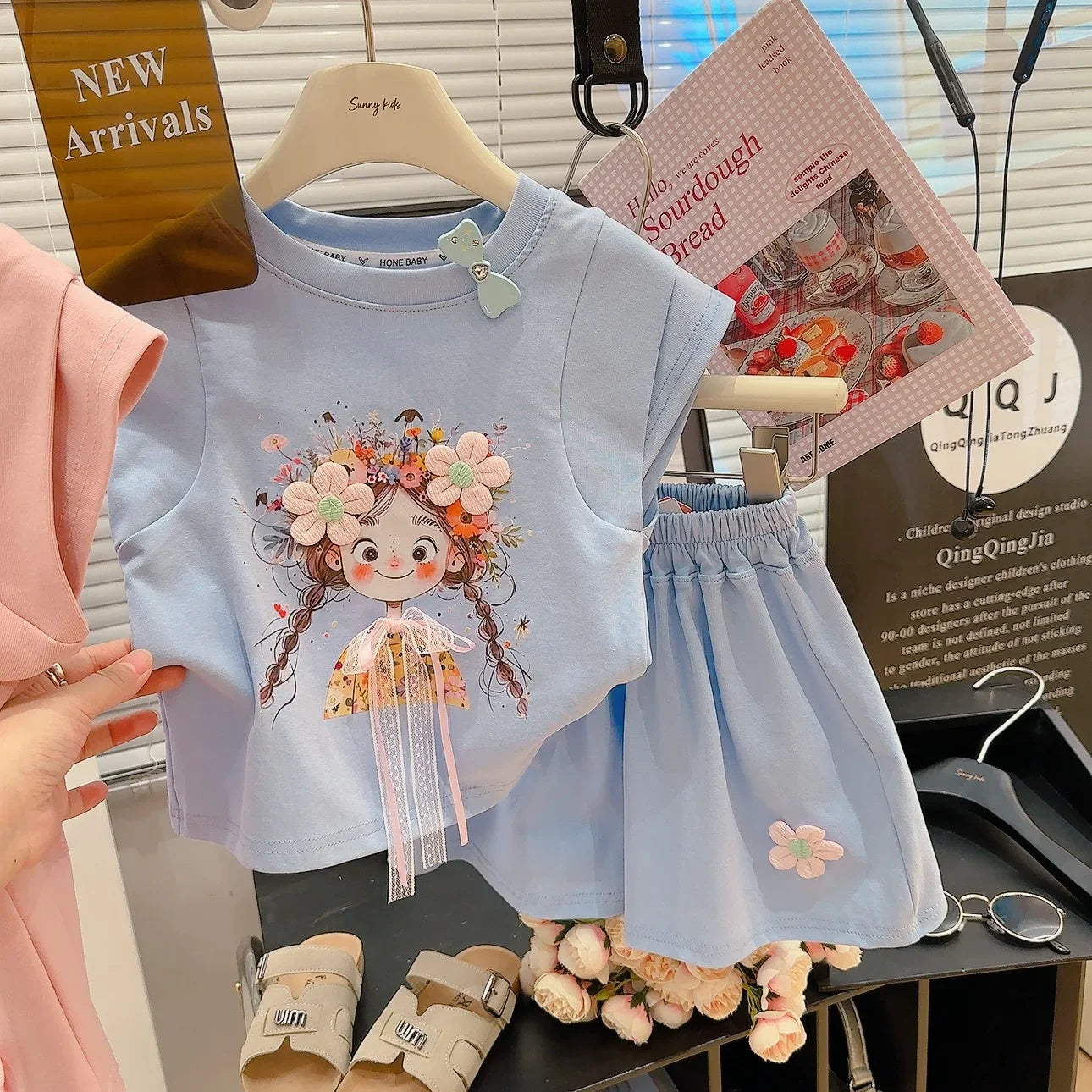 Korean Fresh Style Summer Set Cute Short Sleeve Top & High-Waist Shorts for Girls, 2-Piece Outfit