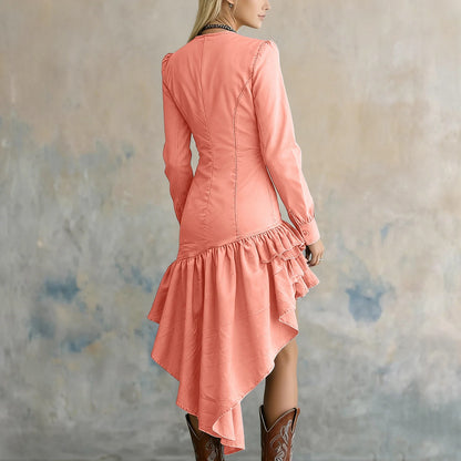 Retro Western Countryside Style Dress Ruffle Lace Collar Irregular Hem Dress Winter Women'S Fashionable Dress