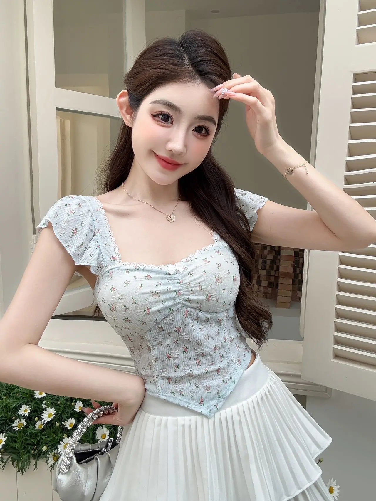 Summer New Pure Desire Sweet Floral Print off oulder Crop Top Slimming  with Chest Pad Versatile Women's Vest