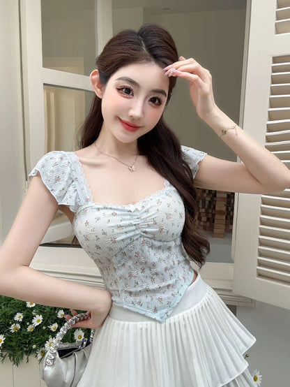 Summer New Pure Desire Sweet Floral Print off oulder Crop Top Slimming  with Chest Pad Versatile Women's Vest