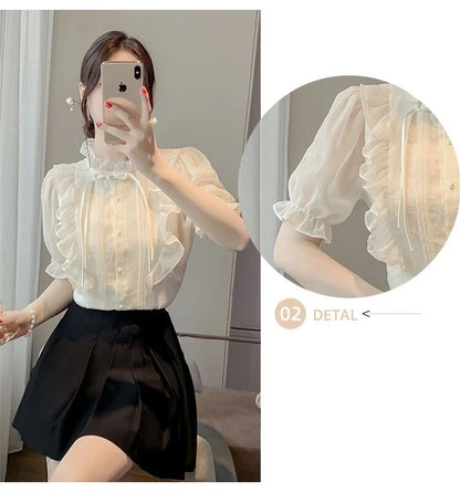 New Chinese Button French Ruffled Lace Gentle Chiffon Shirt 2025 Summer Fashion Temperament New Design Small Shirt Stylish Top