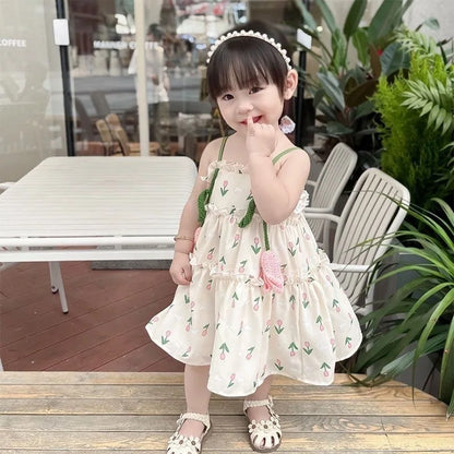 Baby Girl Summer Dress Sweet Floral Pattern Halter Dress Korean Version of The Lovely Baby Girl Princess Dresses