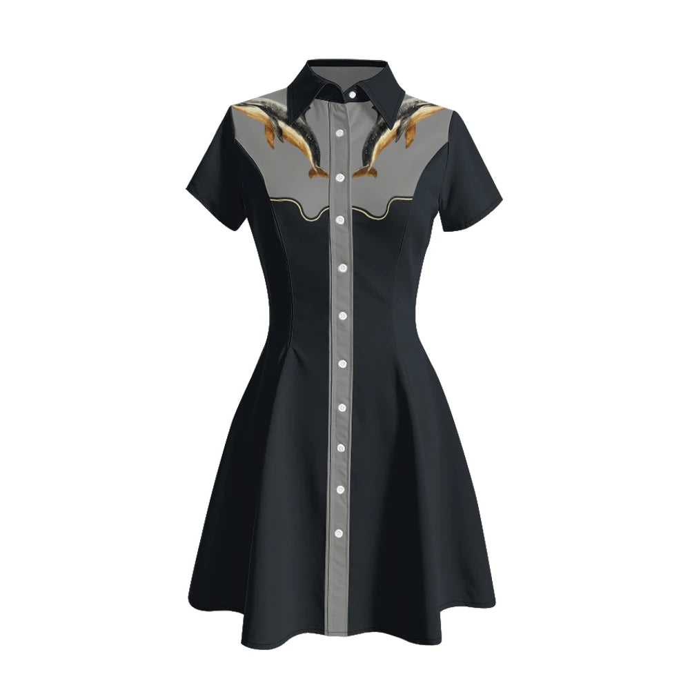 Women's Western Shirt Dress with Music Notes and Dolphin Print Cowboy Collar Button Up Pure Cotton Midi Dress Casual Boho Style