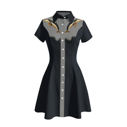 Women's Western Shirt Dress with Music Notes and Dolphin Print Cowboy Collar Button Up Pure Cotton Midi Dress Casual Boho Style