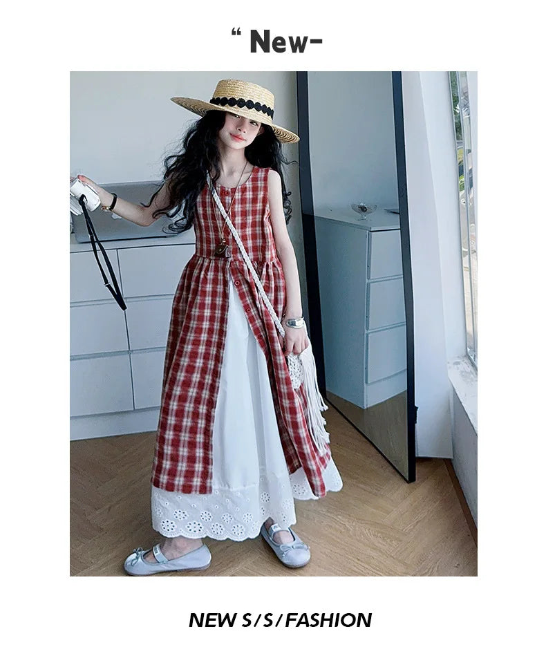 Summer Girls Retro Red Plaid Vest Dress 2-Piece Set Thin French Style Strappy Sundress Casual Vacation Outfit Teen Kids Clothes